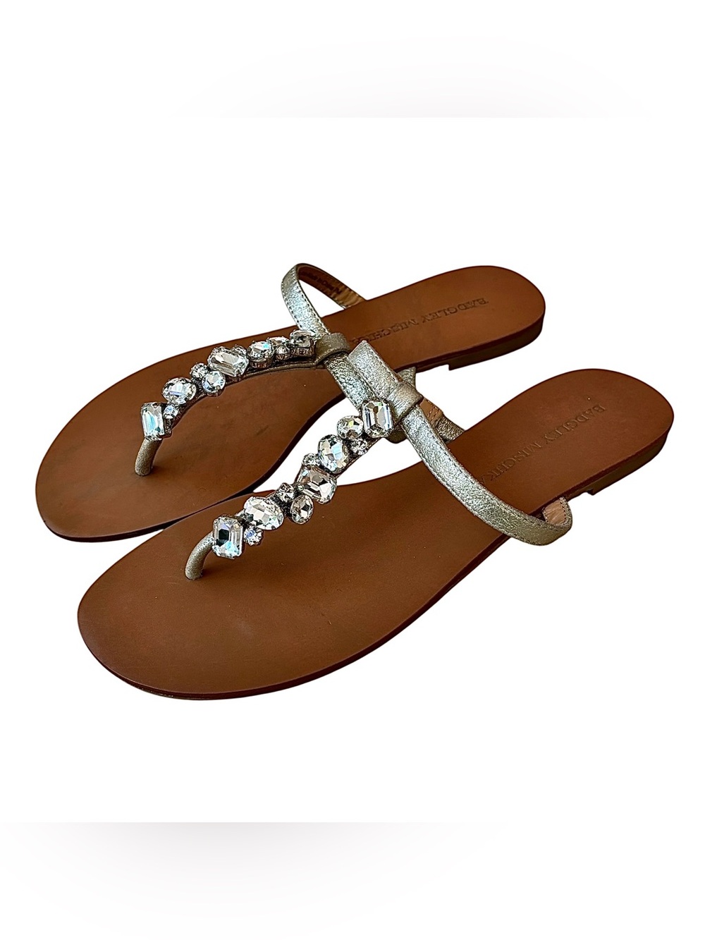 BADGLEY MISCHKA Gold Leather Flip Flops w/ Rhinestones
